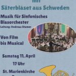 Plakat:Ein Orchester mit Erwachsenen und Jugendlichen der Gemeinde Säter in Dalarna/Mittelschweden spielt am Samstag, dem 11.April 2026 um 17 Uhr in der Marienkirche. Eintritt frei. Musik für Sinfonisches Blasorchester – Von Film bis Musical Leitung: Andreas Stamer