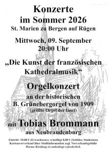 Das letzte Orgelkonzert im Sommer ist mit Tobias Brommann aus Neubrandenburt - "Die Kunst der französischen Kathedralmusik". Wir hören die besondere französische Orgelmusik. Unsere hervorragend restaurierte Orgel in St. Marien zu Bergen auf Rügen, eignet sich wie kaum ein anderes Instrument in der Region zu einer authentisch-nahen Darstellung dieser Musik. Denn der Vollender der Orgel hat im 19. Jhd. in Bordeaux sein Orgelbauerexamen gemacht und klangliche Ideen hier verwirklichen können.